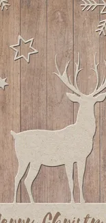 Rustic deer wallpaper with stars and snowflakes on wood background.