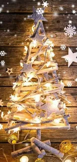 Rustic Christmas tree with lights on wood background.