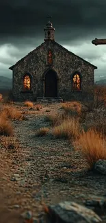 Rustic stone church with glowing windows in a mystical landscape.