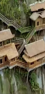 Wooden cabins perched on a cliffside, surrounded by greenery.