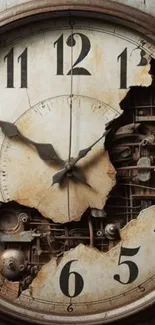 A rustic clock face showing intricate gears.