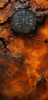 Rustic clock embedded in a wood texture.