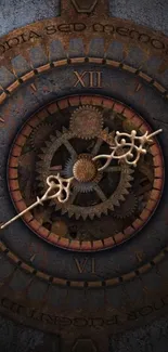 Intricate steampunk clock with gears and vintage design in rust and bronze tones.