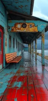 Rustic coastal building with wooden bench and ocean view.