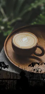 Cup of coffee on a wooden tray with lush greenery background.