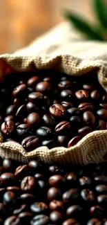 A rustic burlap sack overflowing with roasted coffee beans.