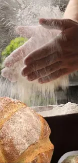 Hands dusting flour over bread with vegetables in an artistic kitchen scene.