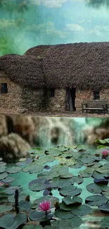 Rustic stone cottage beside a lily pond with green hues.