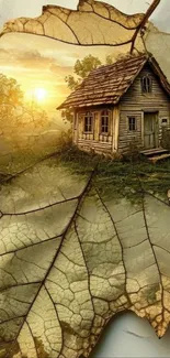 Rustic cottage in a leaf art design, blending nature with vintage charm.