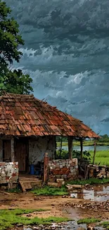 Rustic cottage under a stormy sky with lush greenery.