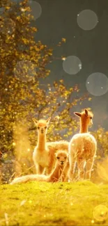 Rustic scene with alpacas in sunlit countryside field.