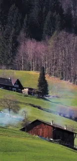 Rustic countryside with green hills and cottages in nature.