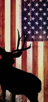 Deer silhouette on rustic American flag wallpaper with wood texture.