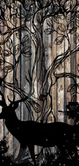 Rustic wood wallpaper with deer silhouette and branches.