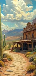 Rustic building and cacti in desert landscape under blue sky.