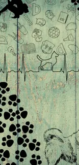 Rustic dog-themed wallpaper with paw prints and heartbeats on sea green wood.