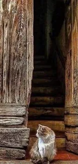 A cat sitting by a rustic wooden doorway with stairs beyond.