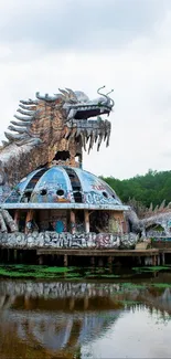 Rustic dragon sculpture with weathered textures in an abandoned park setting.