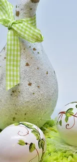 Rustic Easter eggs with green accents and a decorative knit hen.