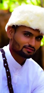 Man in traditional attire sitting outdoors with rustic background.