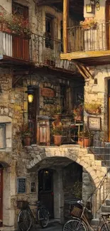 Rustic European street with balconies and bicycles.