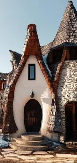 Rustic fairytale cottage with stone and wood design amidst snowy landscape.