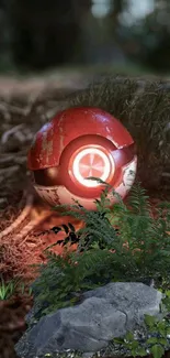 Weathered fantasy sphere glowing in forest setting.