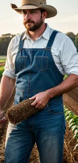 Rustic farmer in denim overalls standing in a lush field.