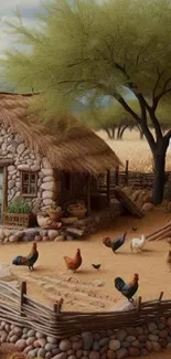 Rustic farmhouse with chickens and stone path under a large tree.