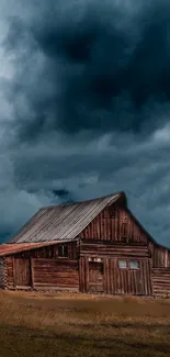 Rustic farmhouse under dark, moody clouds in rural landscape.