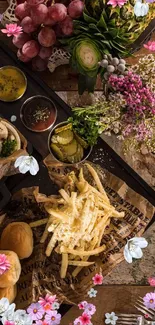 Rustic food spread on wooden table with fruits and dishes.
