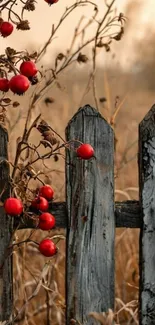 Rustic wooden fence adorned with red berries.