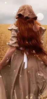 A woman in a beige dress walks through a golden wheat field, exuding rustic charm.