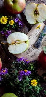 Rustic wallpaper with apples and flowers on a wooden background.