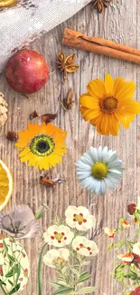 Rustic wallpaper with flowers and fruits on wood.