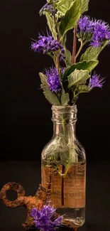 Purple flowers in a vintage glass bottle with a rustic key.