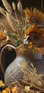 Rustic vase with sunflowers and wheat arrangement.