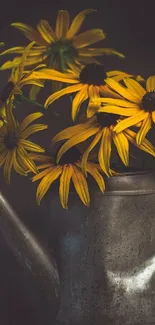 Rustic watering can with bright yellow flowers art wallpaper.