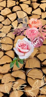 Rustic floral wallpaper with pink roses and wood logs.