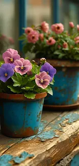 Rustic flower pots with vibrant blooms on a weathered bench.