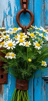 Daisy bouquet hanging on a blue rustic door.