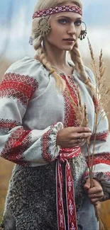 Rustic folk portrait of woman in traditional attire on a mobile wallpaper.