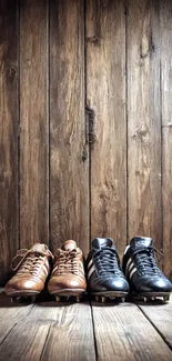 Vintage soccer boots on wooden floor and wall.