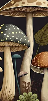 Illustrated rustic mushrooms in earthy colors