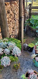 Rustic garden with succulents and wood stacks in an outdoor setting.