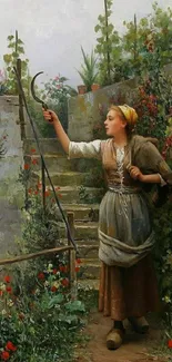 Rustic garden woman with sickle surrounded by flowers.