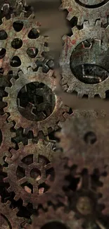 Rustic gear mechanism wallpaper with vintage industrial design in brown tones.