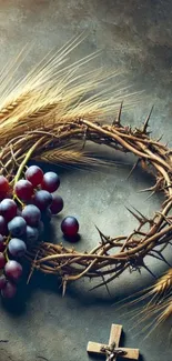 Rustic decor with grapes and wheat on rough surface.