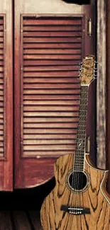 Wooden guitar by rustic saloon doors, rich brown tones.