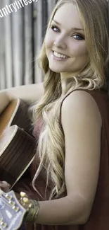 Girl with guitar leaning on a weathered wooden fence.